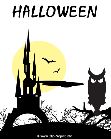 Halloween Karte mit Uhu und Burg kostenlos herunterladen